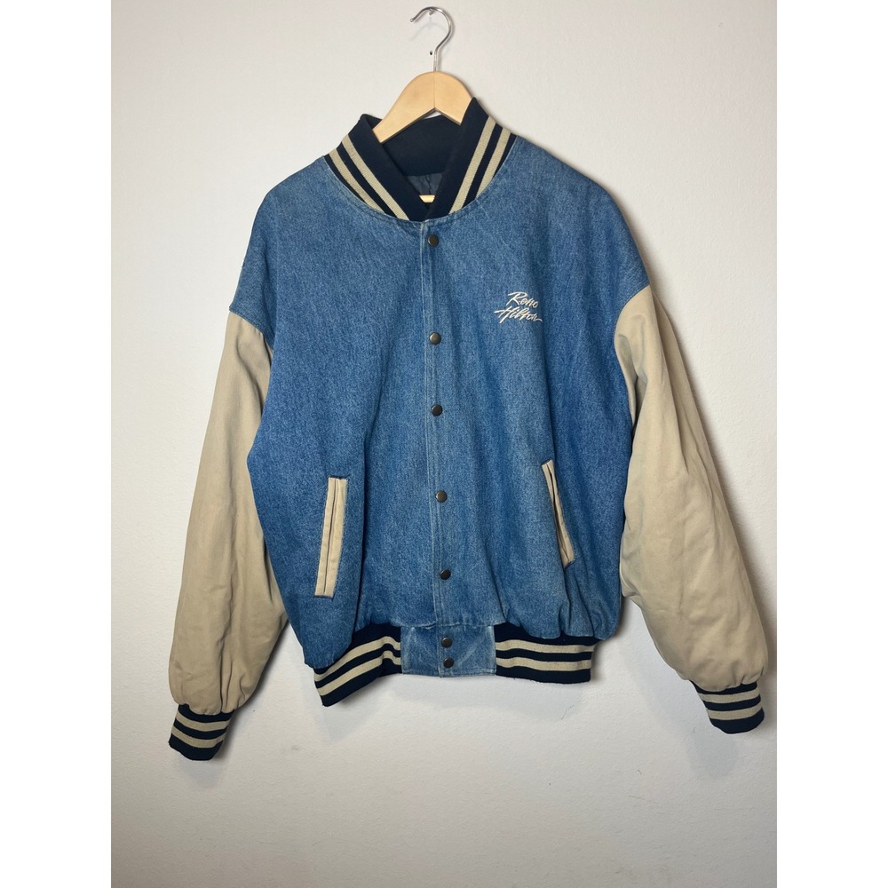 Vintage Hilton Hotels Reno Hilton Denim Varsity Jacket Blue Tan XL Made in USA